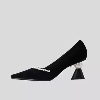 Ladies Spring Summer Fashion High Heels Women Black Single Shoes Party Beaded Loafers Elegant Medium Thick Heel Shallow Mouth 35 бежевый