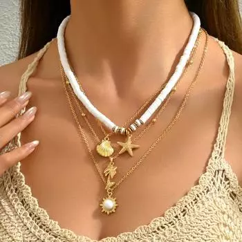 Ladies Starfish Shell Necklace Geometric Ocean Wind Niche Weaving Design Multi-layer Clavicle Chain Necklace