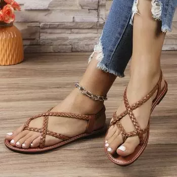 Ladies Summer Fashion Round-head Shallow Woven Sandals New Style Casual Leather Narrow Belt Beach Women Flat Shoes 36
