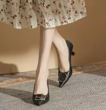 Ladies Summer Footwear Normal Leather Casual with Medium Heels Stilito Pointed Toe Shoes for Women 2024 Fashion High Quality A E 34