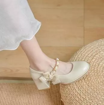 Ladies Summer Footwear on Heeled Pumps Shoes for Women 2024 with Straps Cute Square Heels Gothic Kawaii Bow High Mary Jane Offer 35