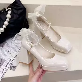 Ladies Summer Footwear Square Toe White Shoes for Women 2024 Platform Super High Heel Gothic Japanese Style Lolita Heels Young E 35