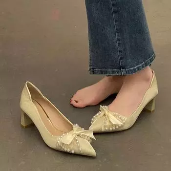 Ladies Summer Footwear with Bow High Heels Shoes for Women 2024 Pearl Pumps on Heeled Chunky Pointed Toe Block Heel Stylish A E 34