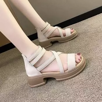 Женские летние босоножки на толстой подошве с грубым каблуком 35 бежевый