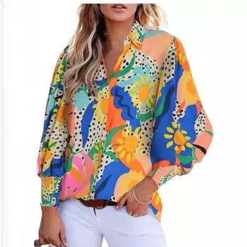 Женская летняя повседневная свободная рубашка с рукавами-фонариками и принтом S белый