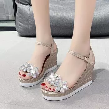 Ladies Summer Sandals Platform Sandals Open Toe Wedge Platform Fashion Shoes Flower Rhinestone Designer Sandals 35 серебряный