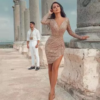 Женские летние сексуальные облегающие платья с глубоким V-образным вырезом и длинными рукавами S шампанского