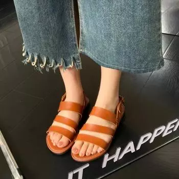 Ladies Summer Solid Colour Simple Retro Ankle Strap Round Head Flat Bottom Plus Size Roman Shoes Comfyfor Women 2024 36 чёрный
