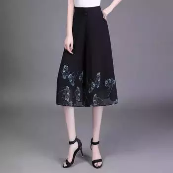 Женские брюки с тонкими срезами и принтом, широкие брюки, женские летние брюки с высокой талией, повседневные брюки для мам среднего возраста, брюки-семь минут M чёрный