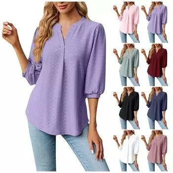 Женская однотонная футболка с V-образным вырезом и коротким рукавом, свободный повседневный топ с рукавами три четверти L чёрный