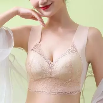 Женский бюстгальтер с кружевом, широкий ремешок, однотонный, пуш-ап, бесшовный, максимальный комфорт, высокая эластичность, повседневный M абрикосовый