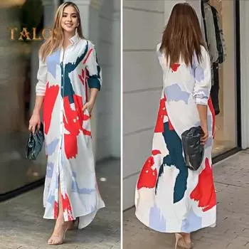 Женское осенне-летнее платье с отложным воротником, однобортная рубашка с длинными рукавами и цветным принтом, свободное платье макси с нерегулярным подолом для отпуска L зелёный