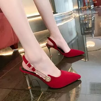 Lady Reinstone High Heel Pointy One-line Buckle Backless Wedding Dress Shoes 204 New Gladiator Sexy Stilettos Solid Color 34 красный