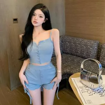 Lady s Two Piece Set Camisole Drawstring High Waist Shorts Solid Color