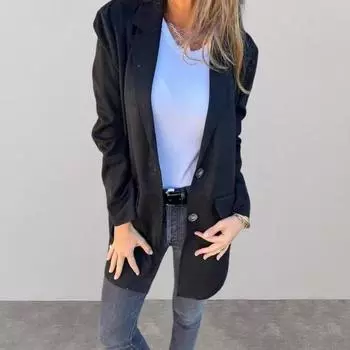 Lady Winter Coat Single-breasted Turn-down Collar Mid Length Overcoat Long Sleeves Pure Color Warm Fake Pocket XXXL чёрный