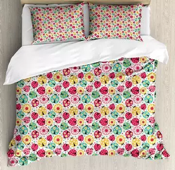 Ladybugs Bedding Set Comforter Duvet Cover Pillow Shams Abstract Bug Pattern with Many Different De Bedding Cover Double Bed Set EU single(135x200cm)