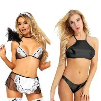 LADYSTA Кружевной женский черно-белый сетчатый костюм горничной для ролевых игр и женский черный комплект нижнего белья-бикни Freesize (S M L)
