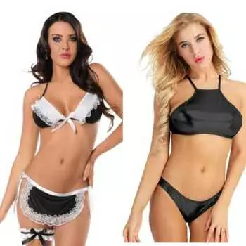 LADYSTA Кружевной женский черно-белый сетчатый костюм горничной для ролевых игр и женский черный комплект нижнего белья-бикни Freesize-( S M L)