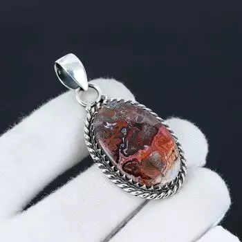 Кулон из драгоценного камня агата «Лагуна Лейс», ручная работа, серебро 925 пробы, натуральный агат «Лагуна Лейс», праздничный подарок для нее, украшение для особых случаев 1.96 красный