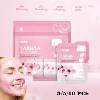 LAIKOU Sakura Mask Грязевая освежающая глубокая очищающая отбеливающая маска для сужения пор Средства по уходу за кожей лица 3PCS розовый