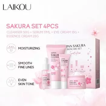 LAIKOU Sakura Роскошный увлажняющий набор для ухода за кожей лица из 4 предметов Очищающая эссенция Крем для глаз Набор из 4 предметов Отбеливающий и разглаживающий морщины Восстанавливающий набор