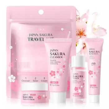 LAIKOU Японский набор для путешествий «Цветение сакуры» из 4 предметов Увлажняющий и увлажняющий набор для ухода за лицом 4-piece set