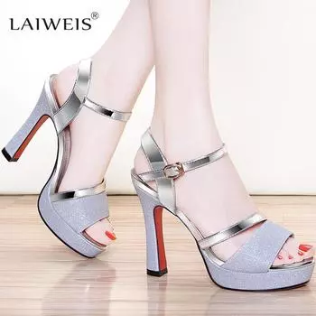 LAIWEIS/роскошные женские сандалии на высоком каблуке с пряжкой 11 см, летние сандалии с открытым носком, женская обувь, брендовые сандалии на платформе золотого и серебряного цвета на блочном каблуке 34