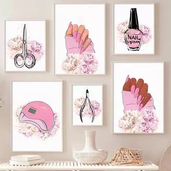 Лак для ногтей, маникюрный постер, светильник для салона красоты, девушка, цветок, холст, картина, скандинавские настенные художественные принты, розовые фотографии, домашний декор для комнаты 21x30cm No Framed