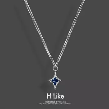 Lake Blue Cross Star Pendant Titanium Steel Snake Bone Necklace O chain 55cm Lake Blue small Cross star