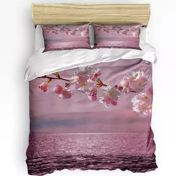 Lake Cherry Blossom Water Surface Pink Flower Bedding Set 3pcs Duvet Cover Pillowcase Quilt Cover Double Bed Set Home Textile EU single(135x200cm)