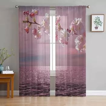 Озеро вишневый цвет водная поверхность розовый цветок тюлевые прозрачные оконные шторы для гостиной спальни вуаль из органзы шторы W135 x H115cm x1&Rod Pocket