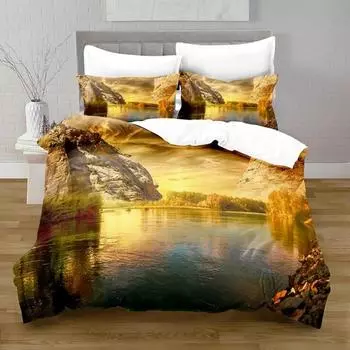 Lake Duvet Cover Set Lake Mountain Peak Stone Pattern Quilt Cover for Teens Adults Natural Scenery Theme Microfiber Bedding Set EU single(135x200cm)
