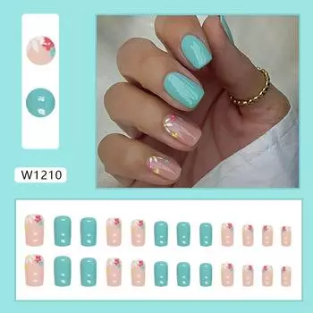 Lake green medium-length European square simple small flower fake nails fresh wear nails 24 pieces