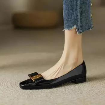 Лакированная кожа бабочка-узлом женские туфли на низком каблуке квадратный носок без застежек офисные женские туфли элегантные туфли женские туфли 34 чёрный