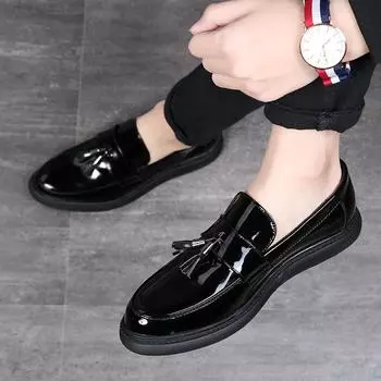 Лакированная кожа мода повседневные туфли кожаные деловые остроносые ленивые одна педаль мужские туфли цельные 9203-X 38