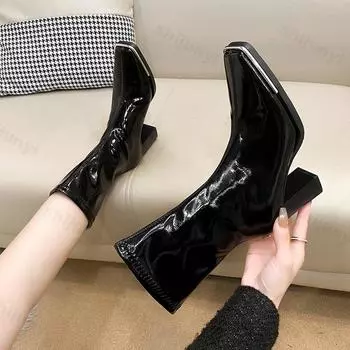 Лакированная кожа на высоком каблуке короткие сапоги женские 2025 осень квадратный носок без застежки ботильоны женские туфли на толстом каблуке женские ботильоны 35 чёрный