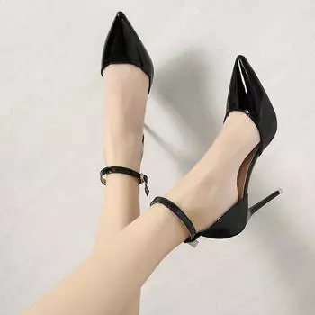 Лакированная кожа Остроносые Туфли-лодочки Женская Мода и Комфорт Ремешки с пряжками на одно слово Сваливаются с пятки Полые Одиночные Туфли 34 чёрный