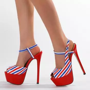 Лакированная кожа с синими/красными полосками, босоножки на шпильках, сексуальные босоножки с открытым носком, пряжка на платформе, тонкие, очень высокие каблуки, женская клубная обувь 35
