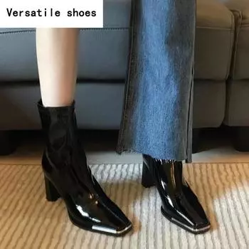 Лакированная кожа женские рыцарские короткие сапоги модные ботильоны с боковыми молниями ботильоны на толстом высоком каблуке осенне-зимняя женская обувь 35