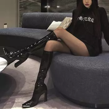 Лакированная кожа женские рыцарские высокие сапоги модные боковые молнии длинные сапоги толстый высокий каблук осень-зима женская обувь 35