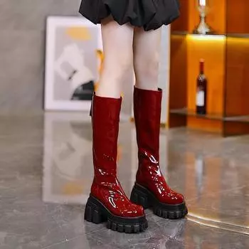 Лакированная кожа женские сапоги до колена модные туфли с молнией сзади осень-зима на платформе женские длинные сапоги рыцаря 35