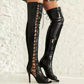 Лакированные черные высокие сапоги женские сексуальные с открытым носком летние высокие длинные танцевальные туфли женские новые тенденции выше колена сапоги 34 чёрный