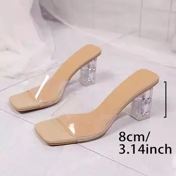 Лакированные кожаные босоножки на высоком каблуке для женщин, уличные тапочки, новые летние универсальные шлепанцы с тонким квадратным носком и открытым носком 35 бежевый