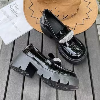 Лакированные кожаные лоферы на массивной платформе, женские, модные, с кристаллами, женские, весна-осень, черные, на высоком каблуке, туфли-лодочки в стиле ретро в стиле Лолита, женские 35 бежевый