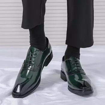 Лакированные мужские деловые кожаные туфли в модном минималистичном стиле. Свадебные туфли на открытом воздухе для отдыха на вечеринке. Черно-зеленые туфли -46 38 чёрный