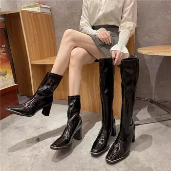 Лакированные сапоги женские квадратные на высоком каблуке яркие кожаные сапоги осень и зима новые боковые молнии высокие женские сапоги рукав сексуальные тонкие сапоги 35