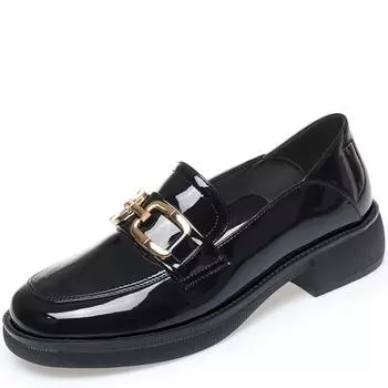 Лакированные туфли на каблуках для женщин с толстой подошвой, одинарные туфли в студенческом стиле, удобные ленивые мокасины с мягкой подошвой, черные кожаные туфли 35 чёрный