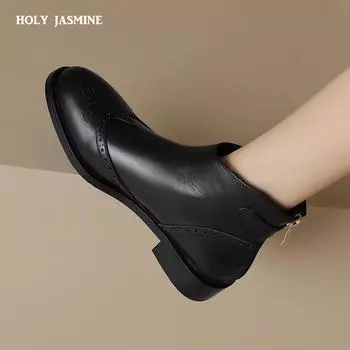 Лаконичные женские ботильоны в стиле ретро, туфли из натуральной кожи на высоком каблуке, женские, осень-зима 2024, базовые офисные женские короткие черные сапоги 34 чёрный