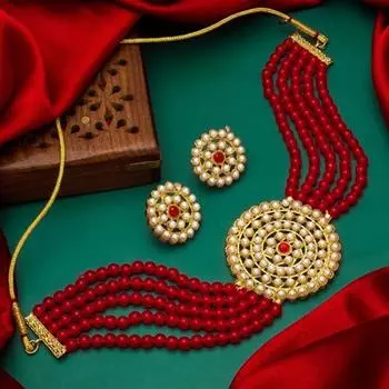 Лакш классическое красное колье с парой серег