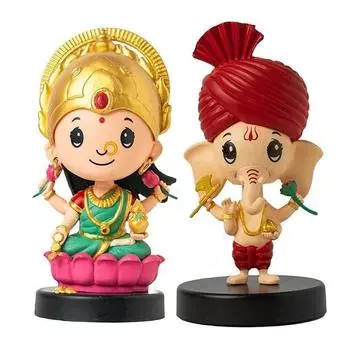 Лакшмиджи (зеленый) и Шри Ганеша (красный) Фигурка-болванчик Идол | Декоративные элементы для домашнего декора, приборной панели автомобиля и офисного стола | Статуэтка бога для фестиваля